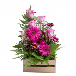 Gerberas y Rosas en base madera rústica (Variedad colores)