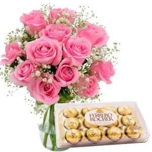 Pack Florero 12 Rosas + Chocolates (elige color de rosas)