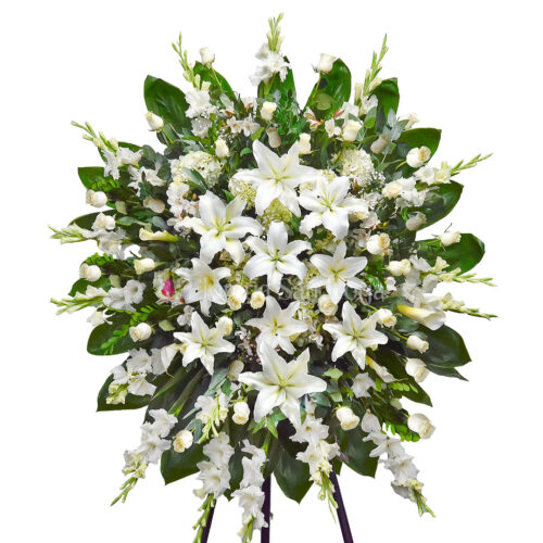 lilium, gladiolos y calas en atril