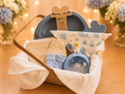 Canasta de regalo para bebé en tonos celestes con plato, babero, body y espantacuco luna