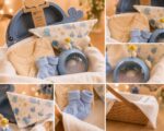 Detalles de la canasta de regalo para bebé en tonos celestes