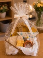 Canasta de regalo para bebé envuelta en papel celofán