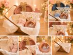Canasta de regalo para bebé en tonos rosados, detalles del set