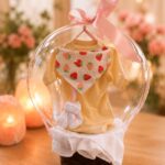 Globo burbuja transparente con body, babero y calcetines de bebé sobre canasta, Encactus Florería Viña del Mar