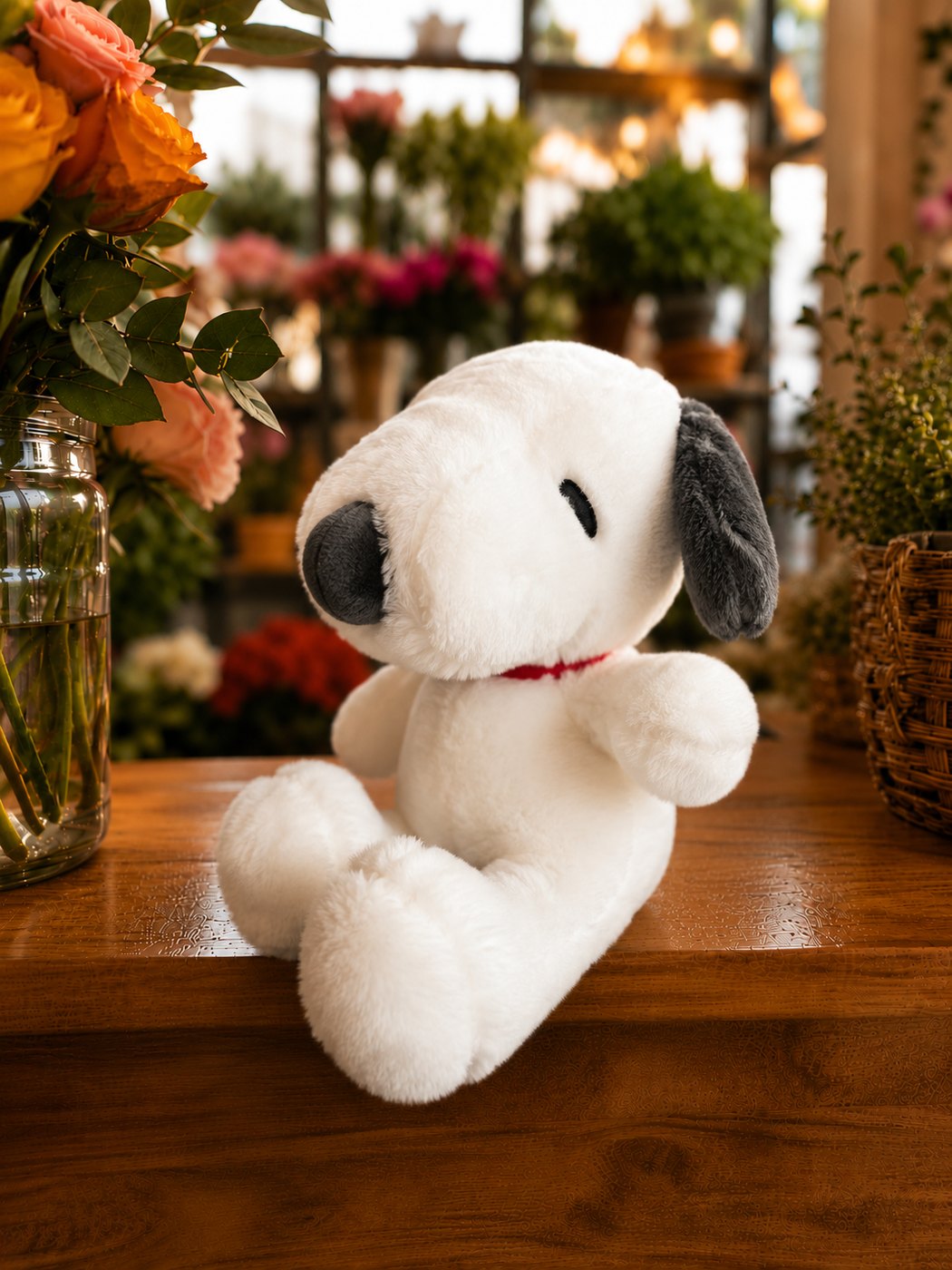 snoopy Peluche inspirado en Snoopy, blanco con orejas negras y collar rojo