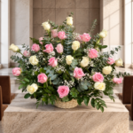 Canasta de Rosas Blancas y Rosadas Condolencias