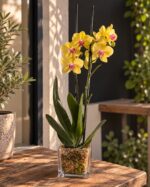 Orquídea Phalaenopsis amarilla grande de dos varas en macetero de vidrio con musgo