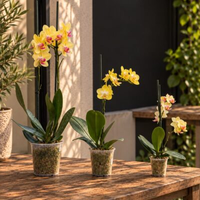 Tres orquídeas Phalaenopsis amarillas grande, mediana y mini sobre mesa de madera