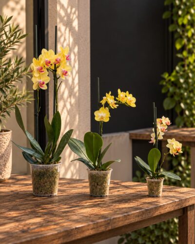 Tres orquídeas Phalaenopsis amarillas grande, mediana y mini sobre mesa de madera