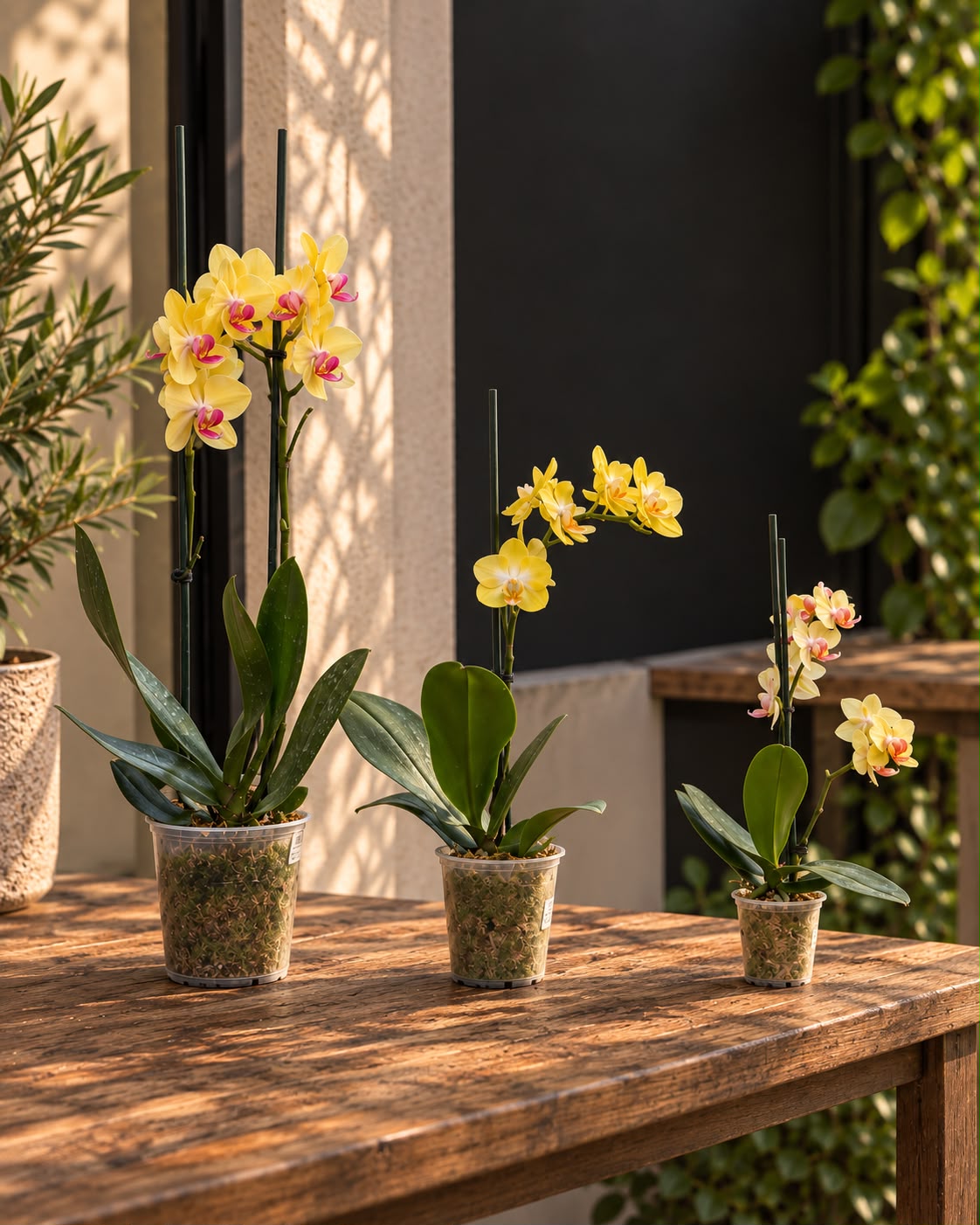Orquídeas amarillas Phalaenopsis en tres tamaños Tres orquídeas Phalaenopsis amarillas grande, mediana y mini sobre mesa de madera