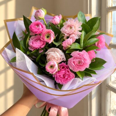 Ramo redondo de ranúnculos rosados con ruscus, envuelto en papel lila con cinta rosada – Encactus Viña del Mar