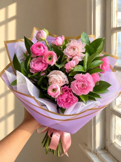 Ramo redondo de ranúnculos rosados con ruscus, envuelto en papel lila con cinta rosada – Encactus Viña del Mar